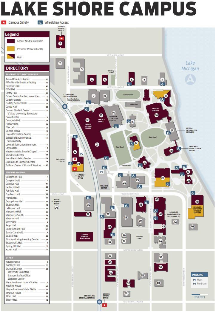 Map of Lakeshore Campus, indicating the buildings that have either a gender neutral bathroom, a personal wellness facility, or both